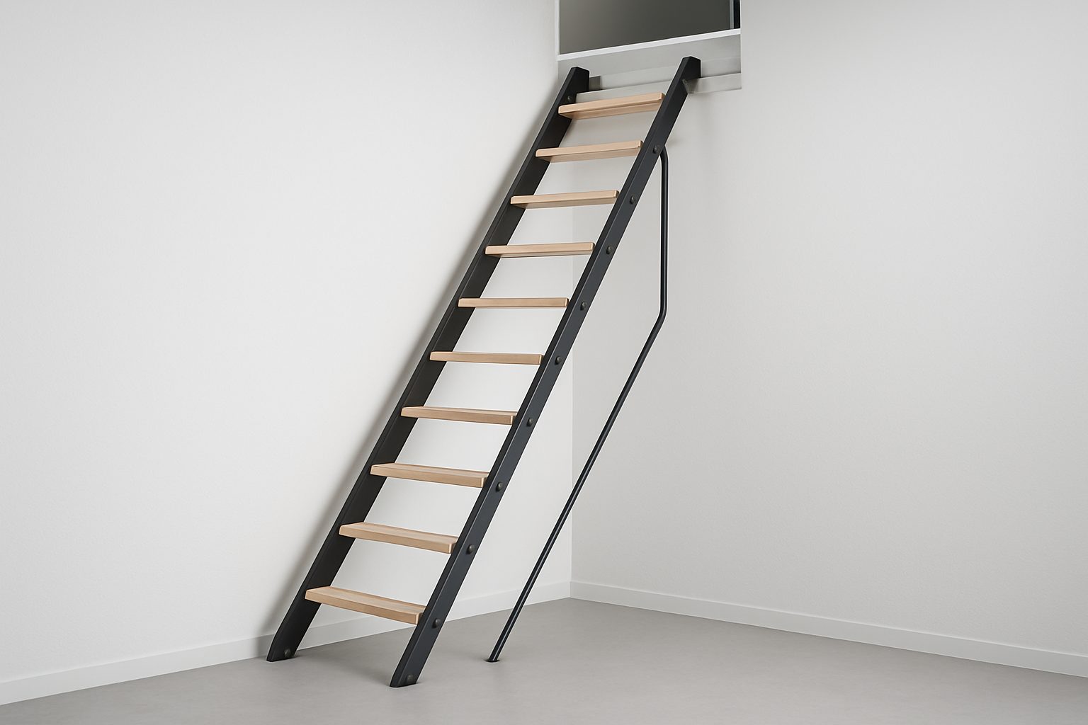 A modern loft ladder leading to an attic opening in a clean, minimalistic room