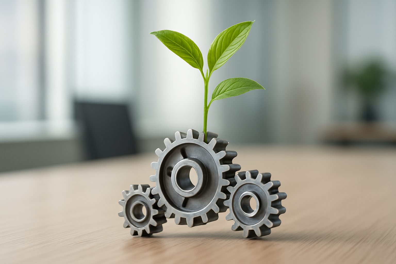 Gears on a table with a small plant sprouting from the largest gear